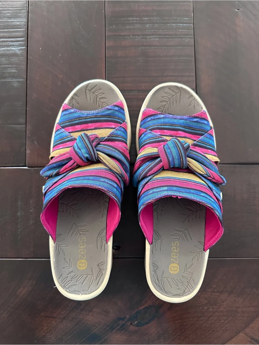 Bzees Striped Knot Slide Sandals - Blue, Pink, Gold